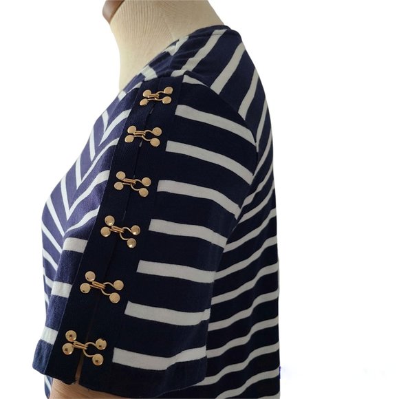 Michael Michael Kors Striped Short Sleeve Tee Top, Navy Blue & White, Gold SIZE - Picture 2 of 7